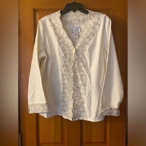 SUSAN GRAVER STYLE White Silver Metallic Eyelet Jacket Blazer Linen Blend Medium